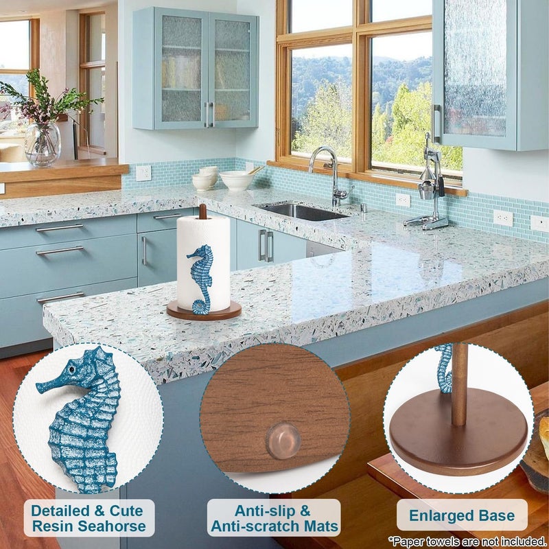 YLOVAN Seahorse Paper Towel Holder - Beach House Decor Unique Coastal Decor Seahorse Gifts for Women, Funny Cute Paper Towel Holder Stand Wood Kitchen Countertop Bathroom Decor Blue Coastal Kitchen - Image 5